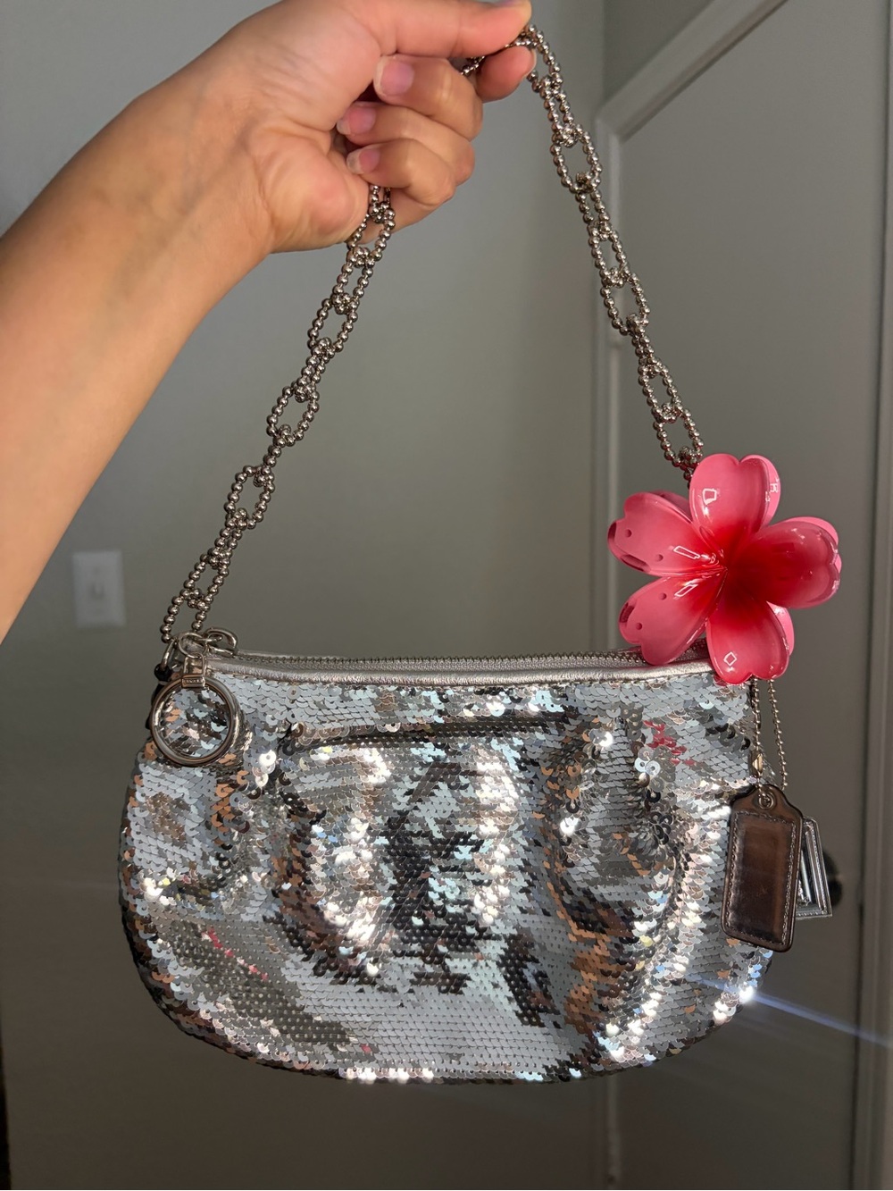 Coach Silver Sequin Shoulder Bag with Pink Flower Charm